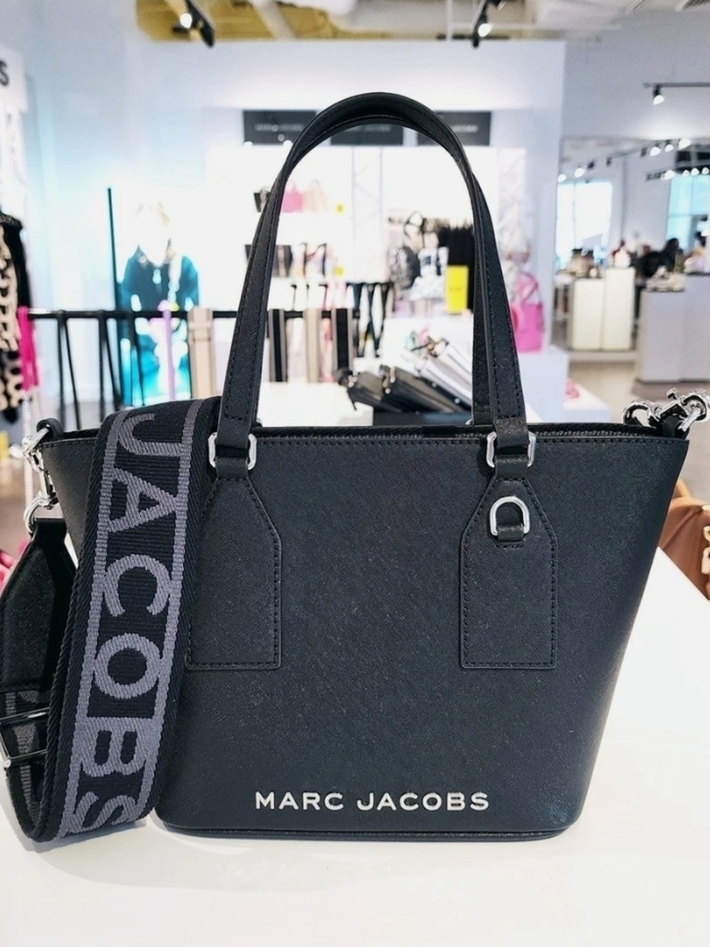 Marc Jacobs Black Leather Tote with Logo Webbing Strap
